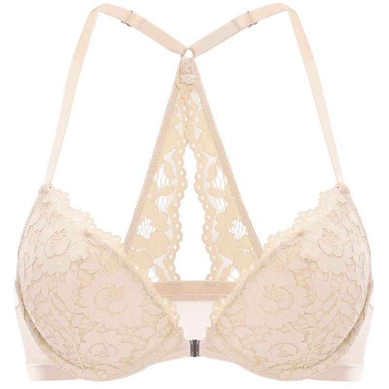 DOBREVA Women's Push Up Bra Racerback Front Closure Bras Lace Padded Underwire Plunge Floral Beige 34B - Image 1